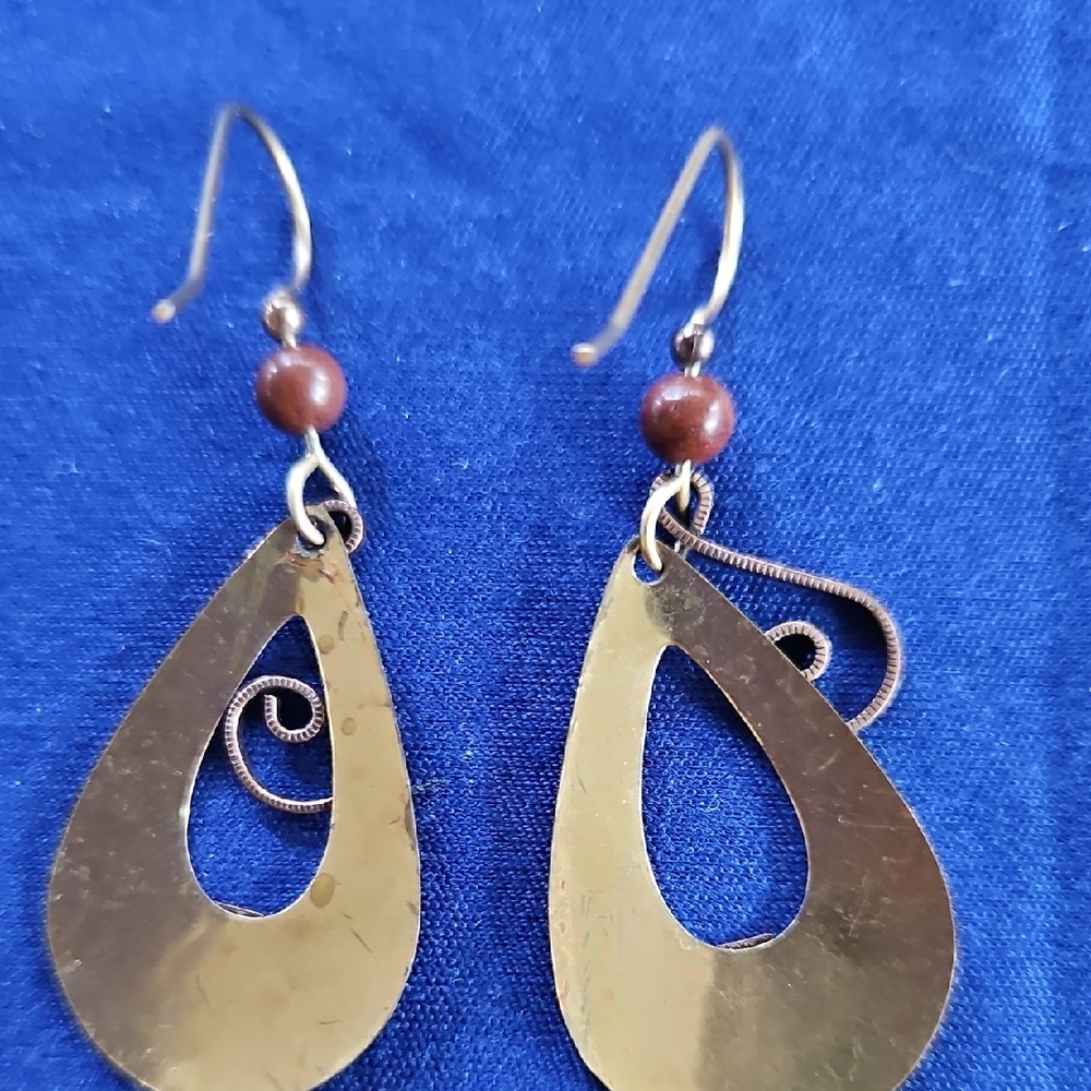 Copper and Brass Toned Teardrop Earrings with Swirl Accents - Picture 2 of 2